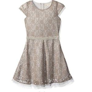 btween Girls Metallic Lace Dress w/Pearl Waist Tie